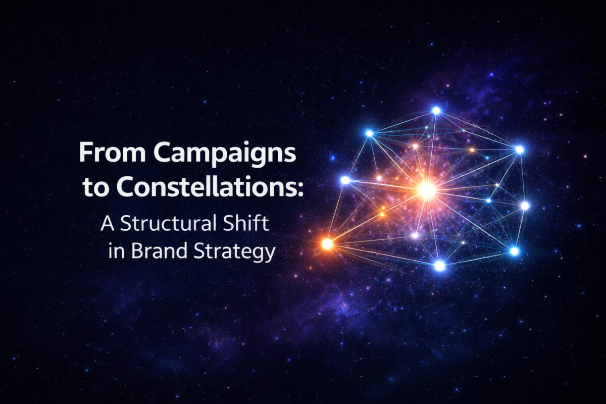 An image of a constellation with the words From Campaigns to Constellations: A Structural Shift in Brand Strategy