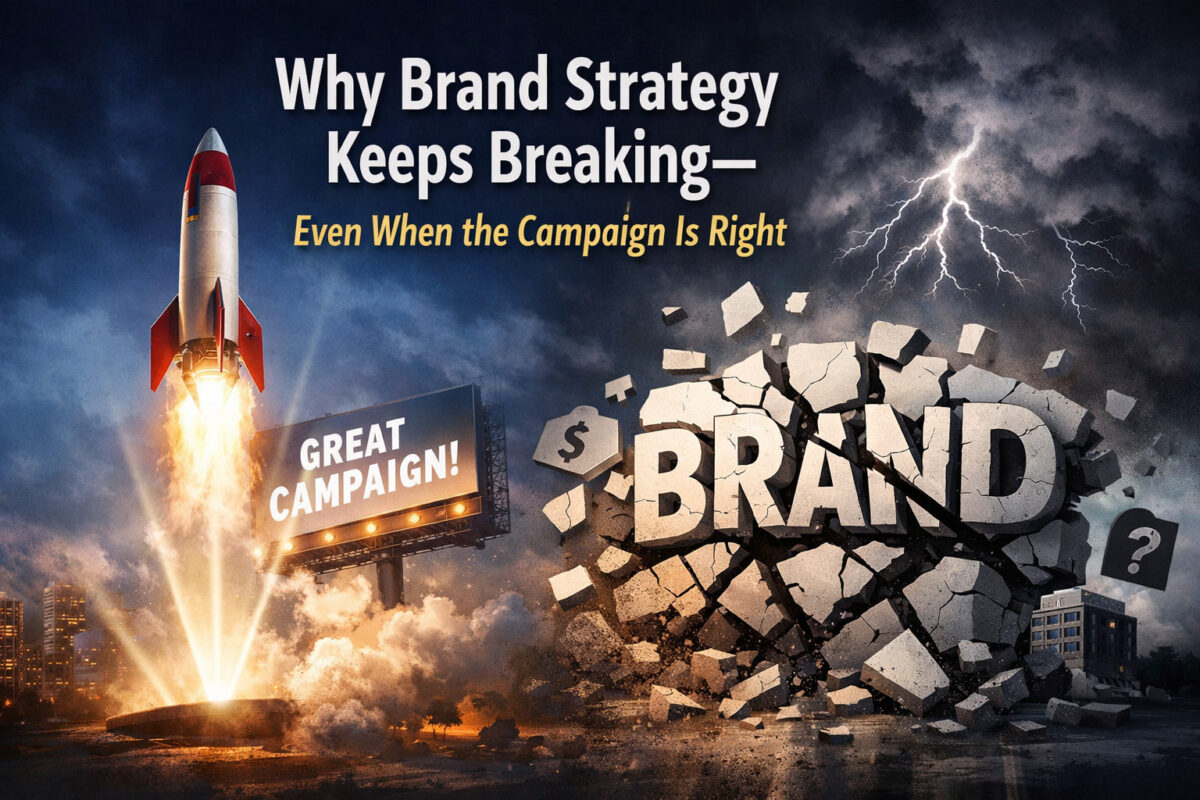 A rocket ship taking off to show a great campaign with the brand crumbling beside it.